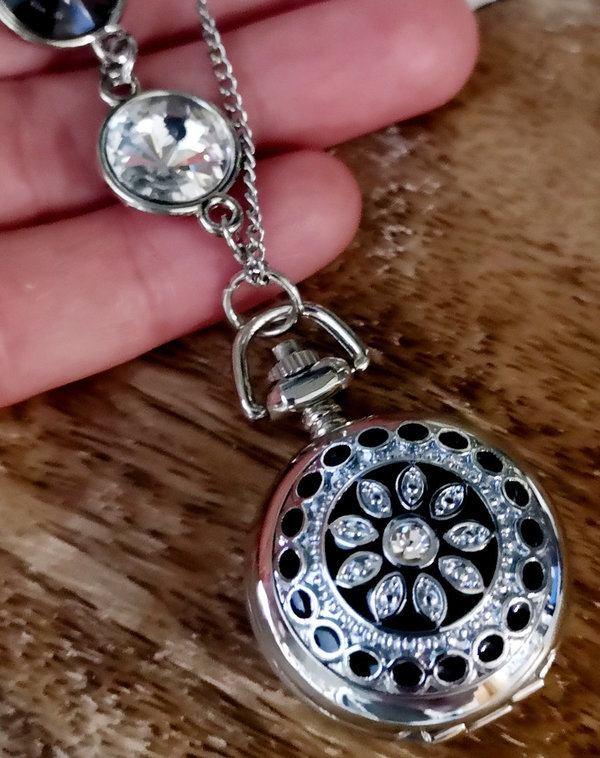 Kettenuhr, Uhr mit Kette, Mandala-Design,schwarz